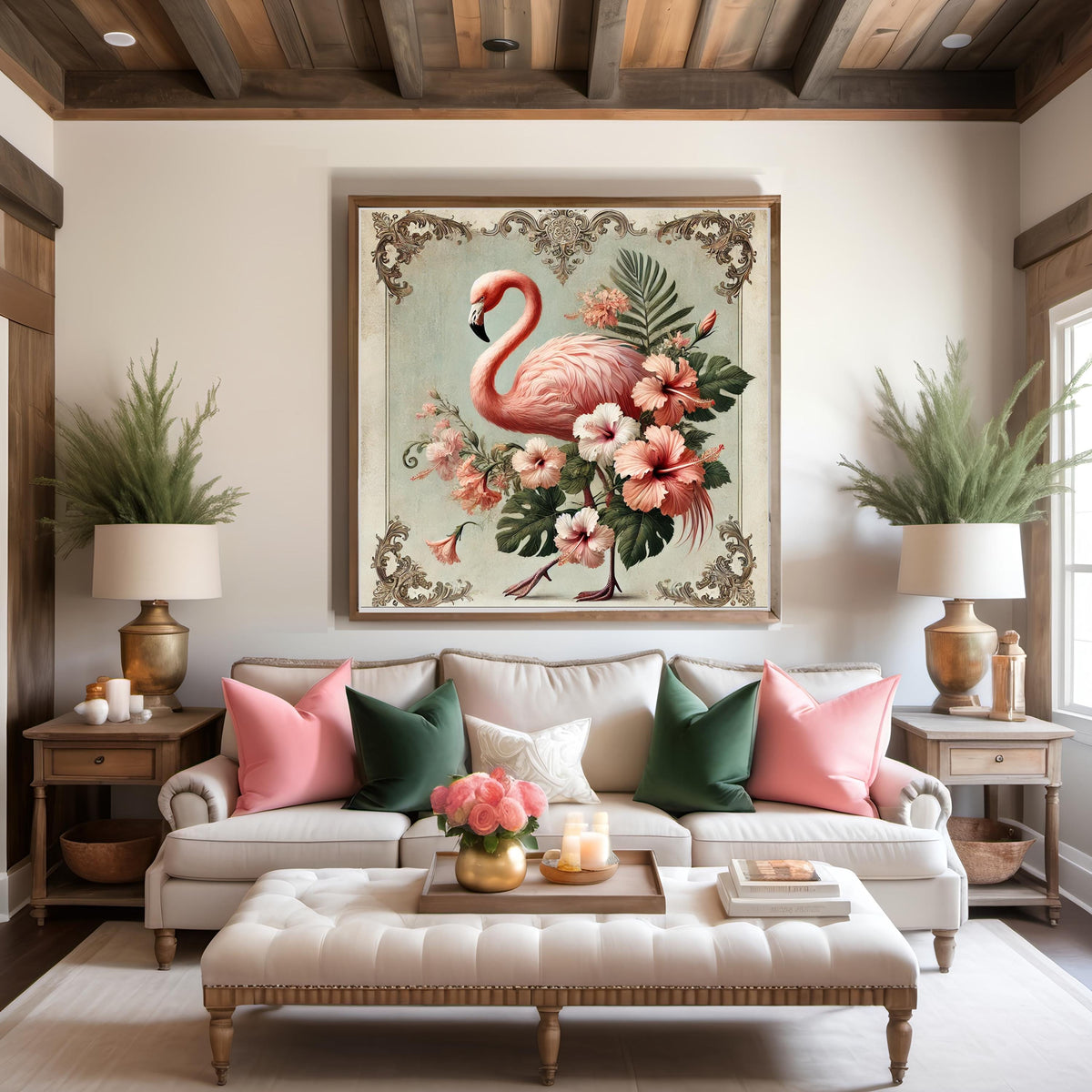 Vintage Flamingo Print: Tropical Hibiscus Floral Wall Art (Digital Download) 2
