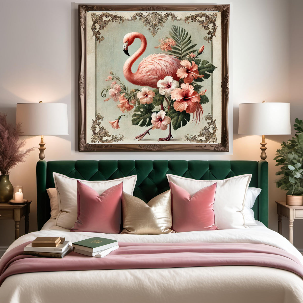 Vintage Flamingo Print: Tropical Hibiscus Floral Wall Art (Digital Download) 2