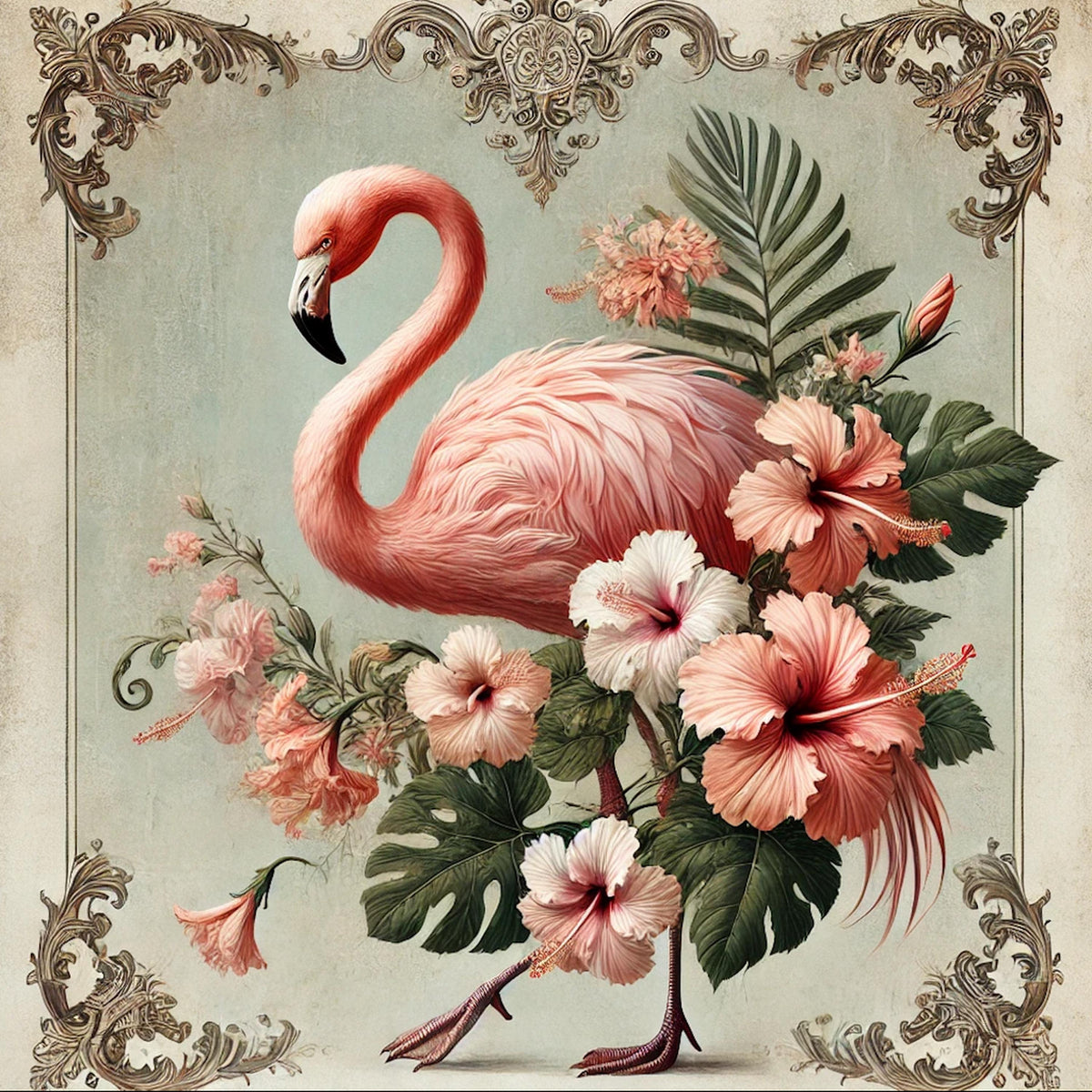 Vintage Flamingo Print: Tropical Hibiscus Floral Wall Art (Digital Download) 2