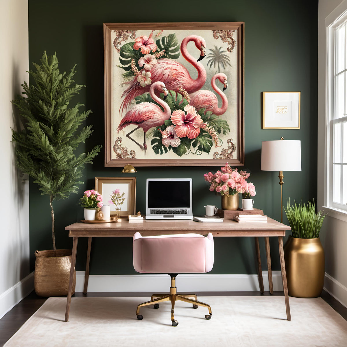 Vintage Flamingo Print: Tropical Hibiscus Floral Wall Art (Digital Download)