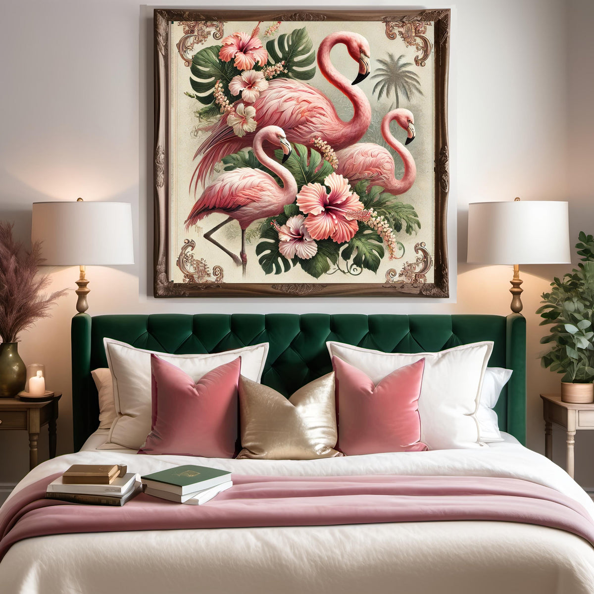 Vintage Flamingo Print: Tropical Hibiscus Floral Wall Art (Digital Download)
