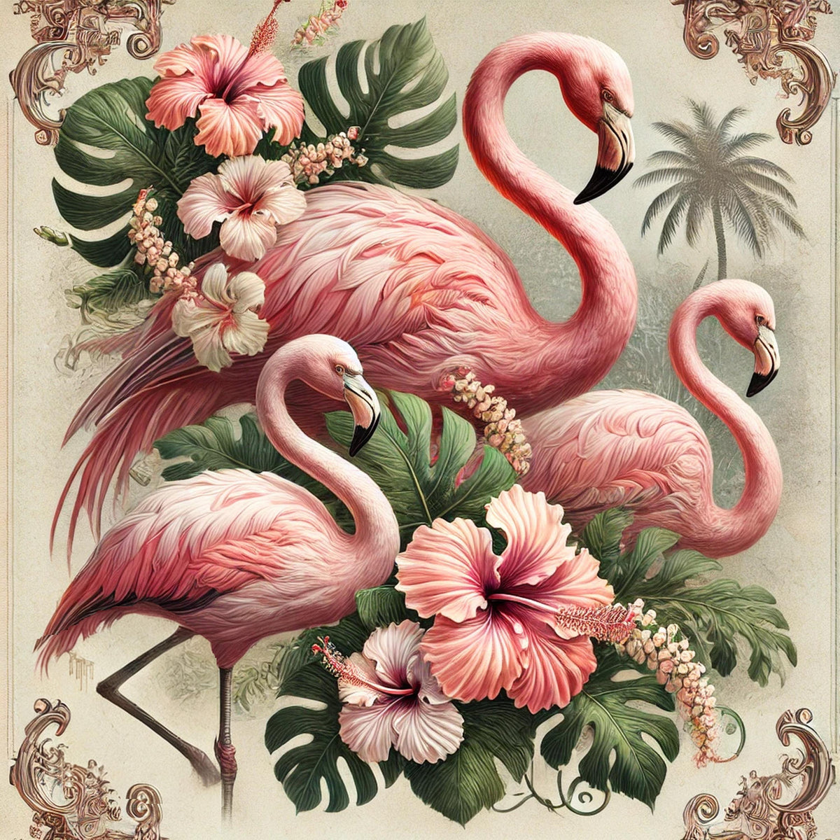 Vintage Flamingo Print: Tropical Hibiscus Floral Wall Art (Digital Download)