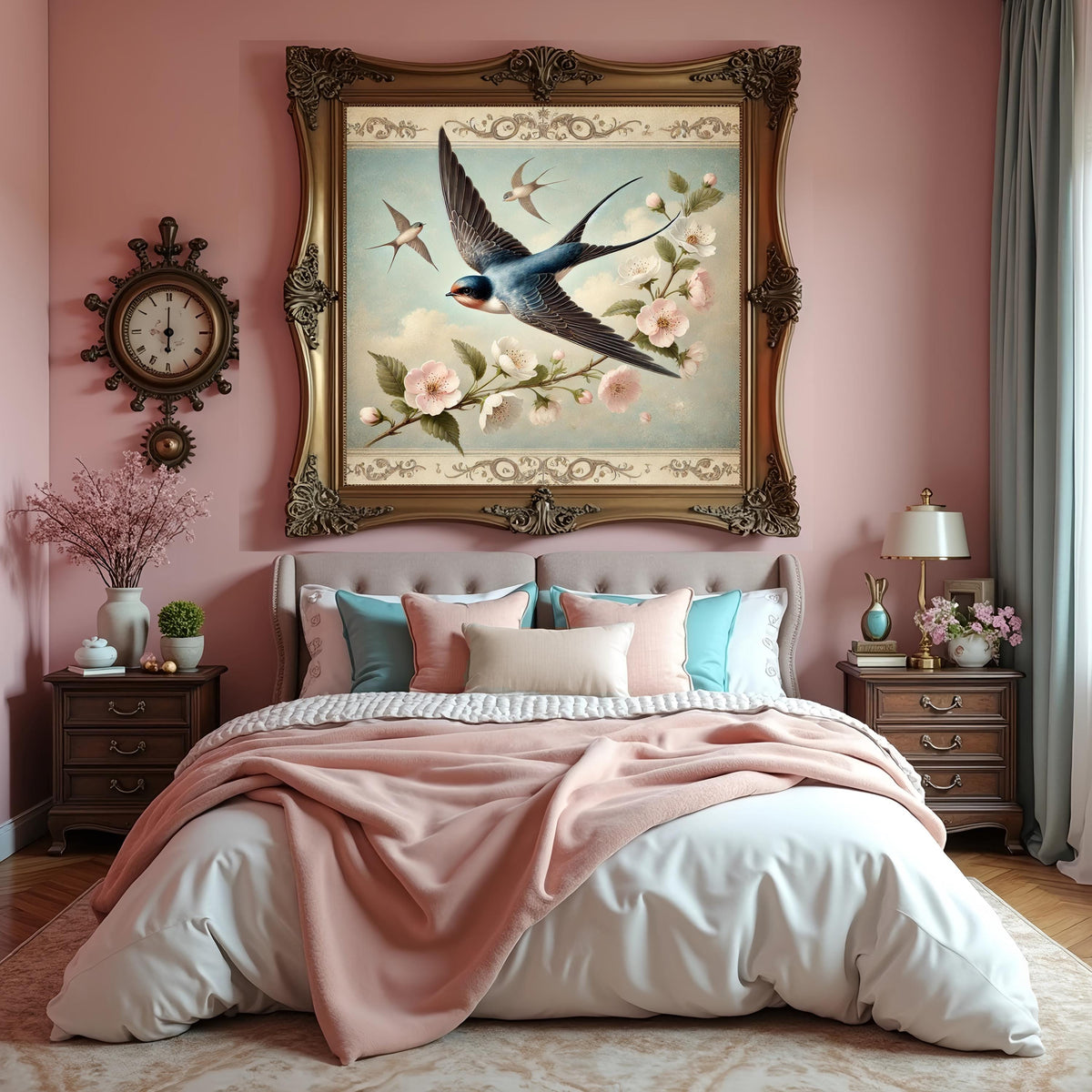 Vintage Swallows Cherry Blossom Print: Spring Bird Wall Art (Digital Download)