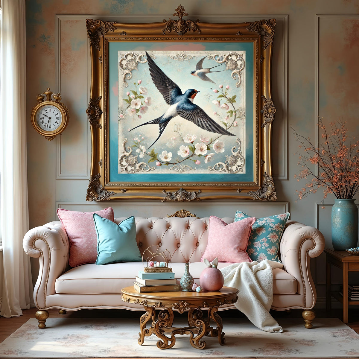 Vintage Swallows & Cherry Blossoms Print: Spring Bird Wall Art (Digital Download)