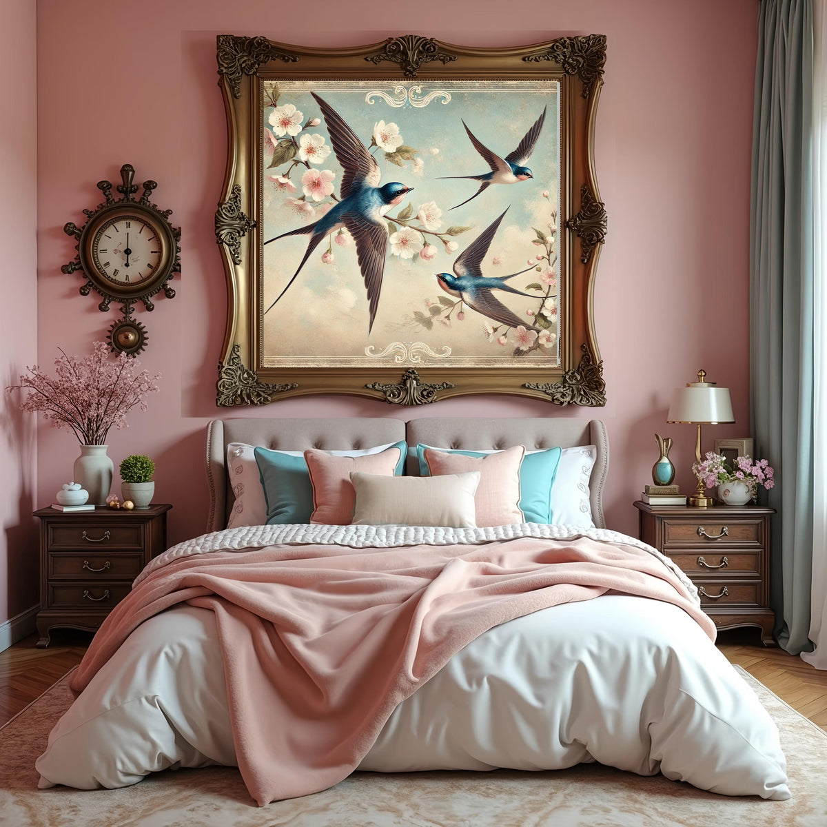 Vintage Swallows & Cherry Blossoms Print: Victorian Bird Art (Digital Download)