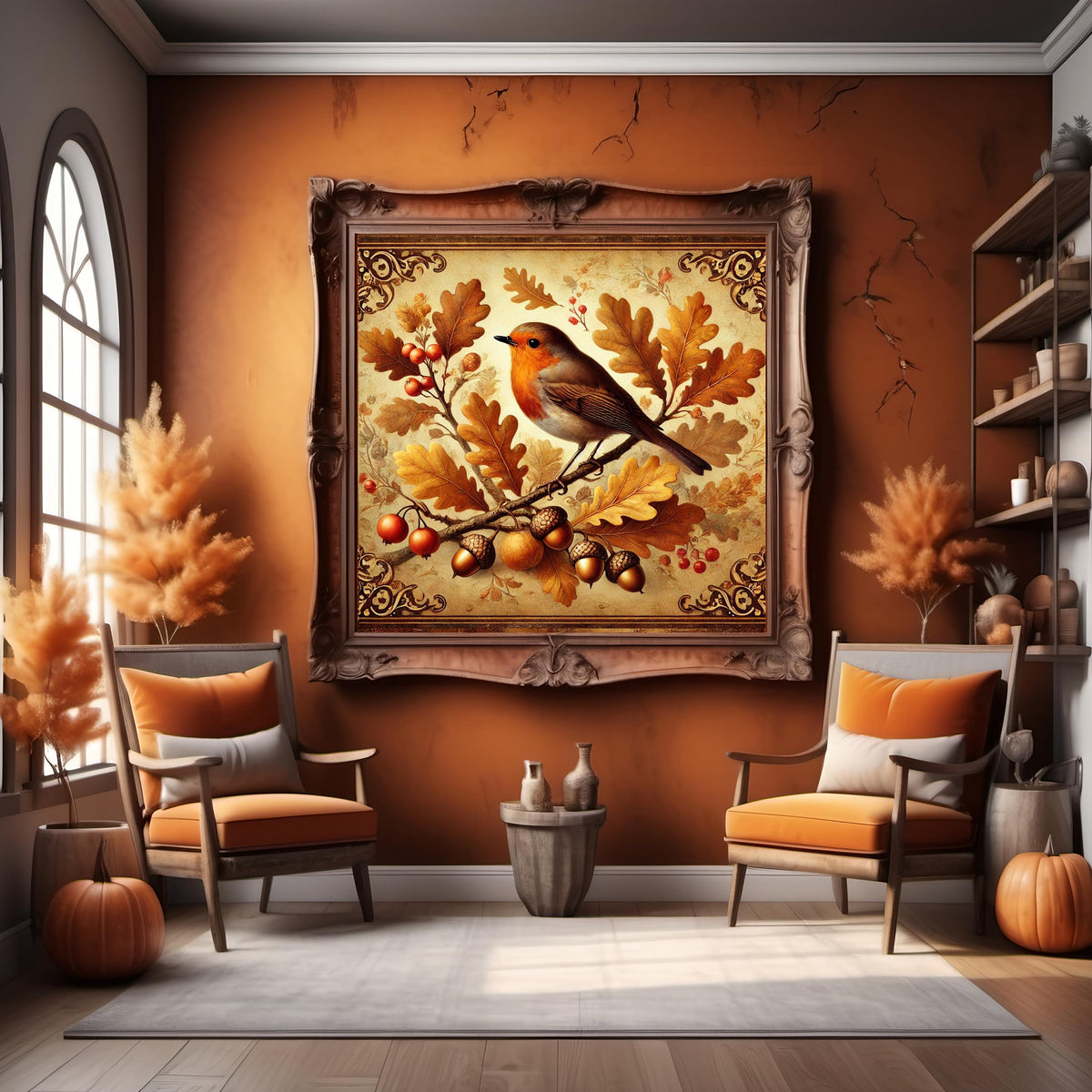 Vintage Fall Robin Print: Acorns & Oak Leaves (Digital Download)