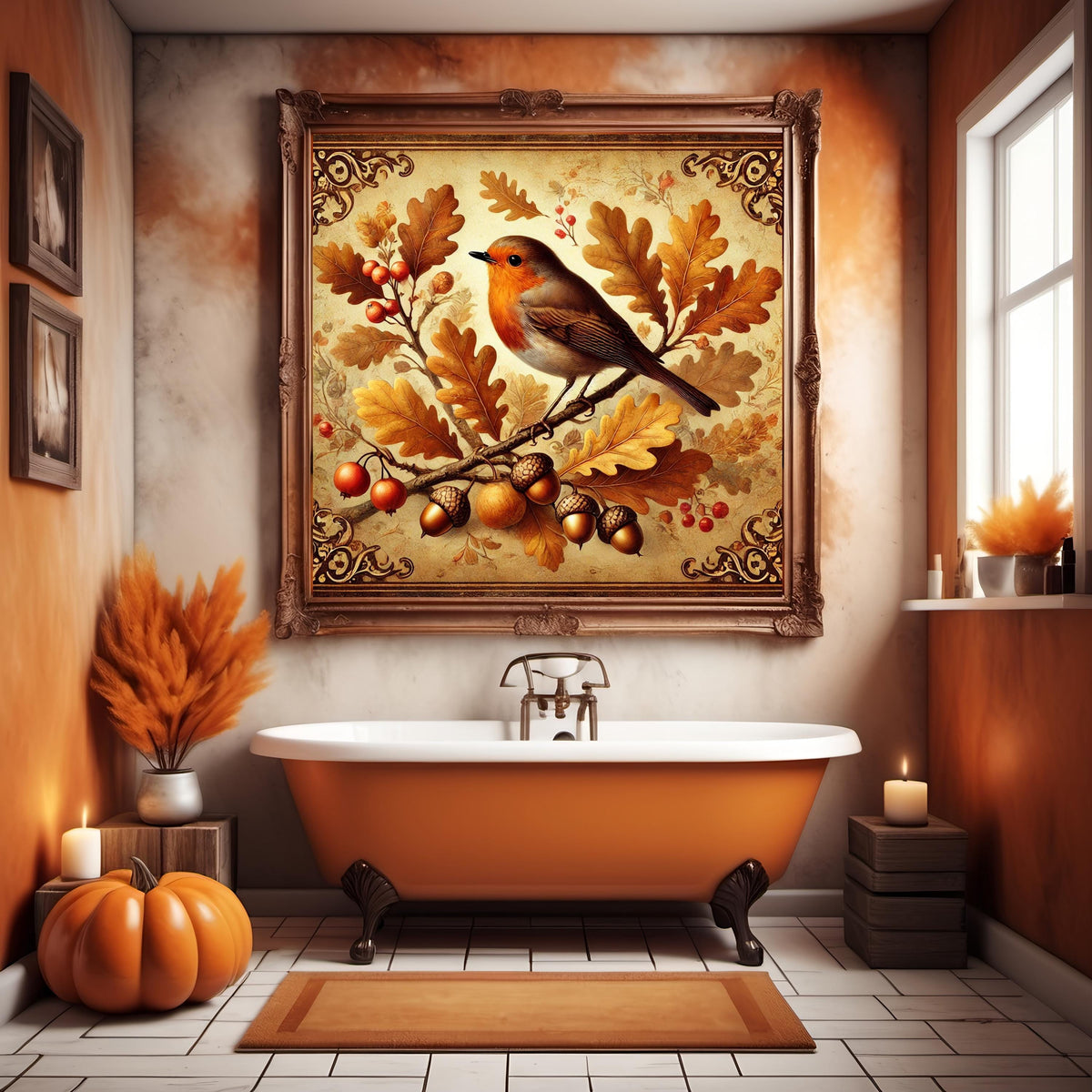 Vintage Fall Robin Print: Acorns & Oak Leaves (Digital Download)