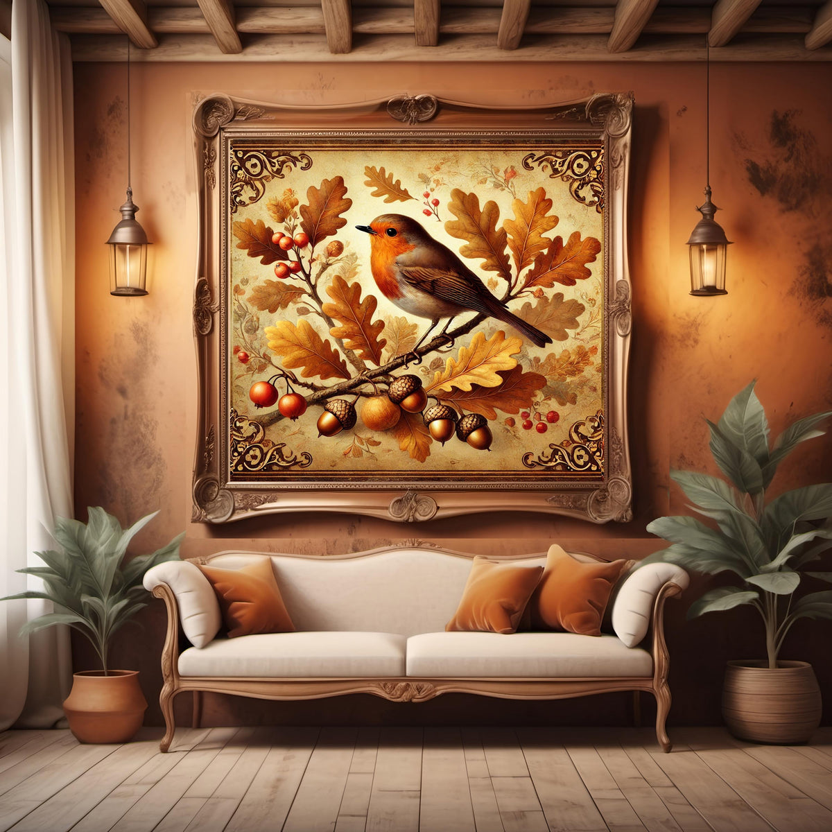 Vintage Fall Robin Print: Acorns & Oak Leaves (Digital Download)
