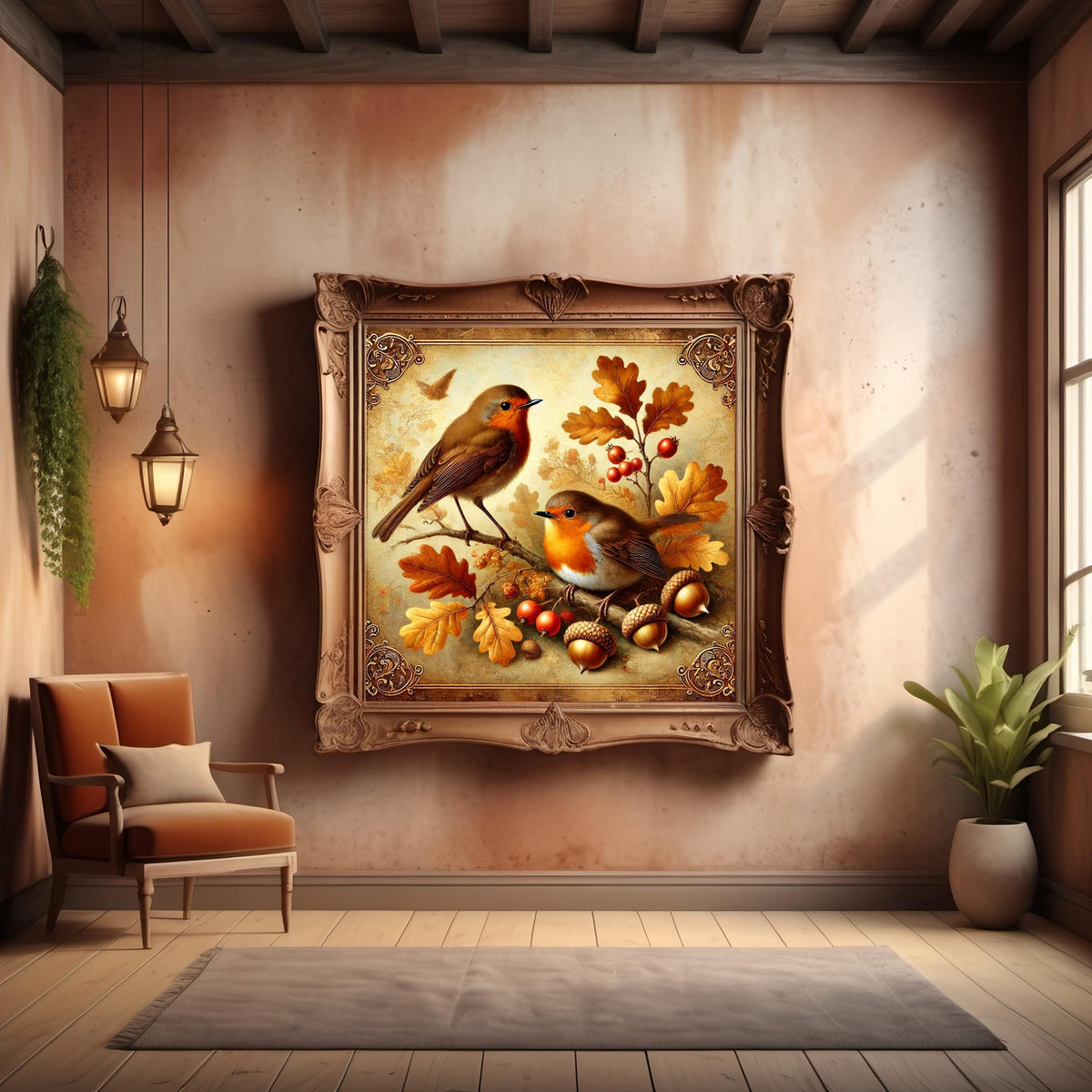 Vintage Autumn Robin Digital Print: Acorns & Oak Leaves (Digital Download 4096x4096px)