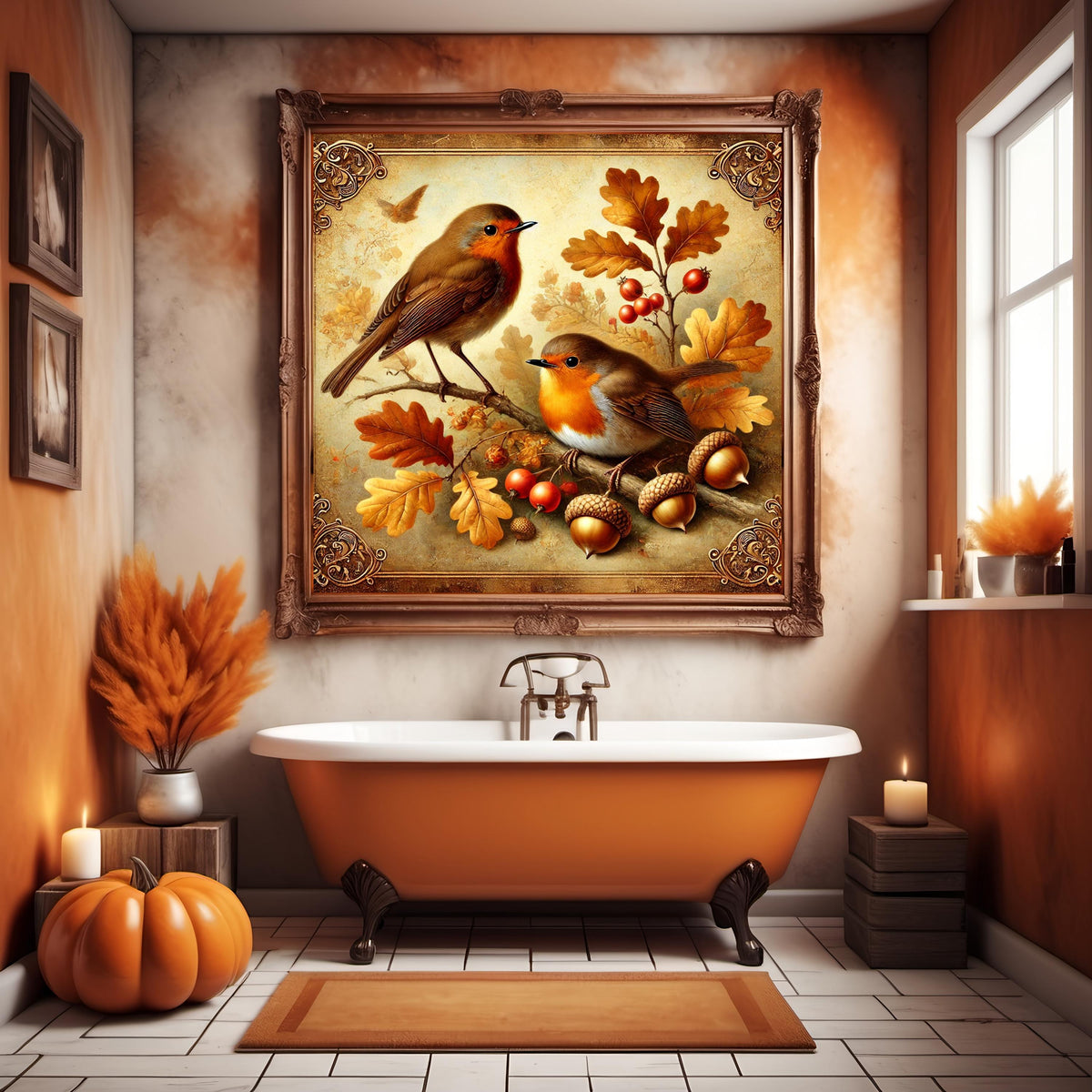 Vintage Autumn Robin Digital Print: Acorns & Oak Leaves (Digital Download 4096x4096px)