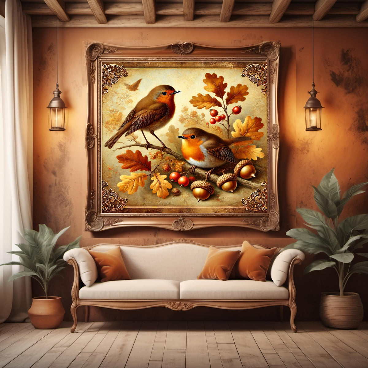 Vintage Autumn Robin Digital Print: Acorns & Oak Leaves (Digital Download 4096x4096px)
