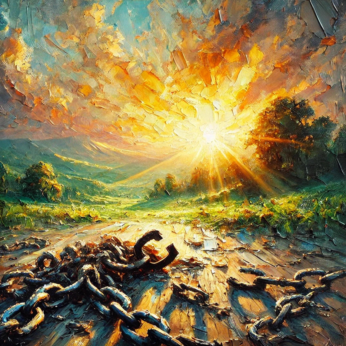 Juneteenth Freedom Art Print: Sunrise Landscape, Broken Chains (Digital Download)