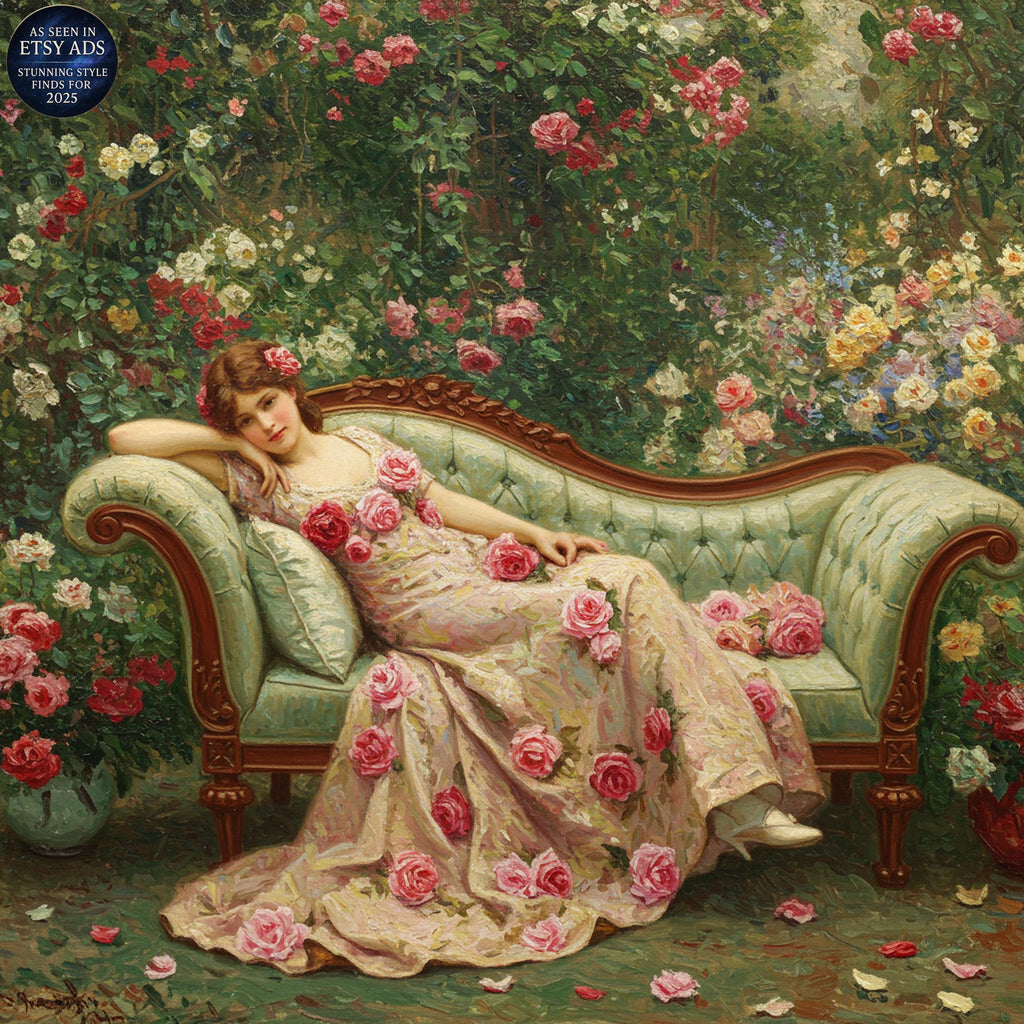 Victorian Lady in Rose Garden: Romantic Floral Painting (Digital Download)