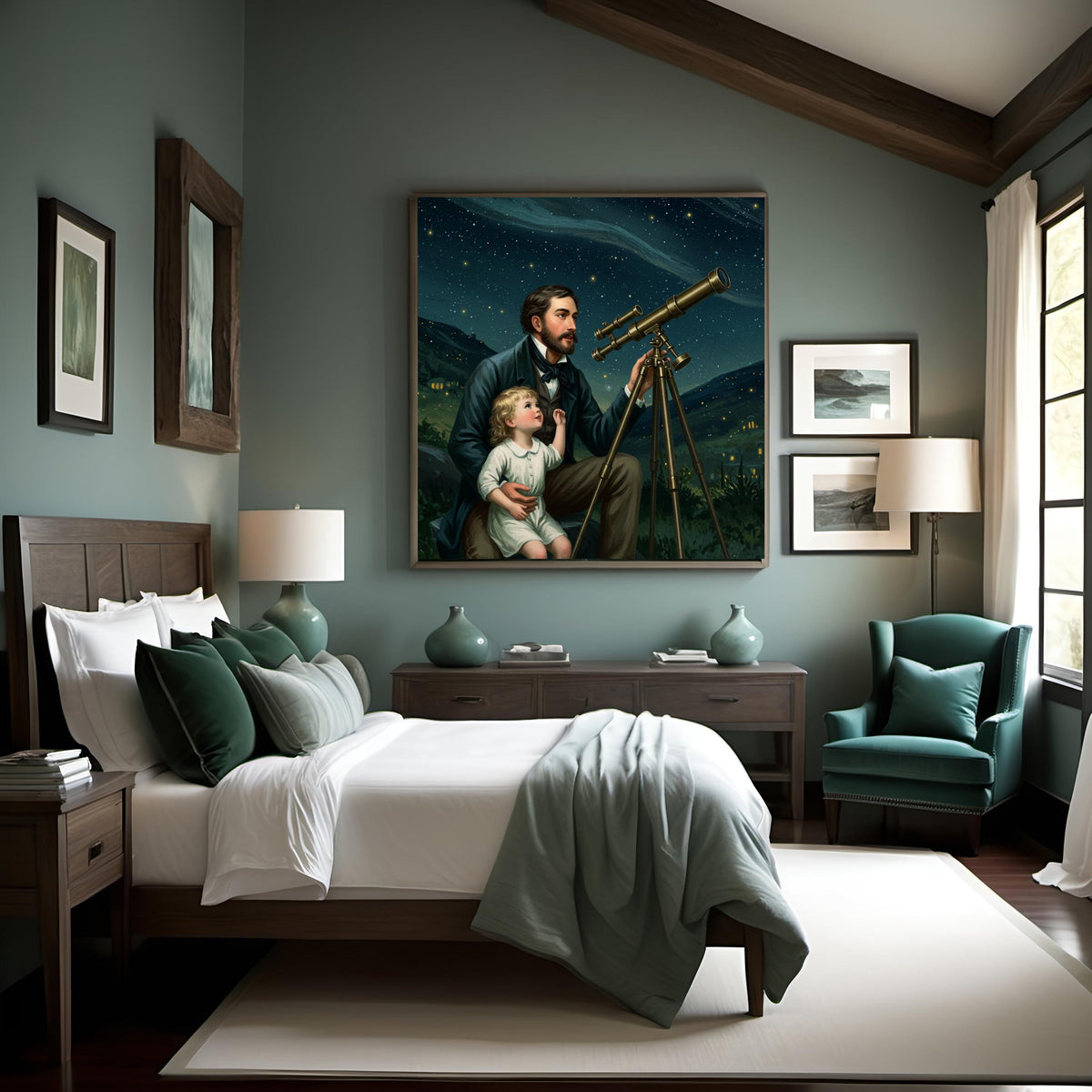 Father & Child Stargazing Oil Painting: Vintage Night Sky Art (Printable Digital Download)