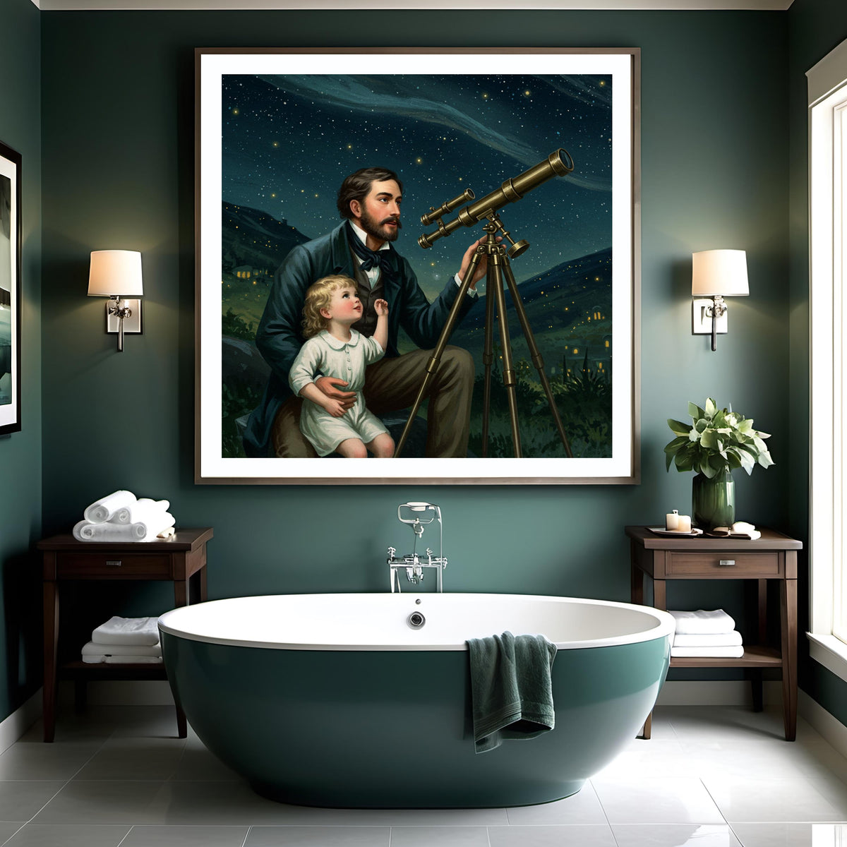 Father & Child Stargazing Oil Painting: Vintage Night Sky Art (Printable Digital Download)