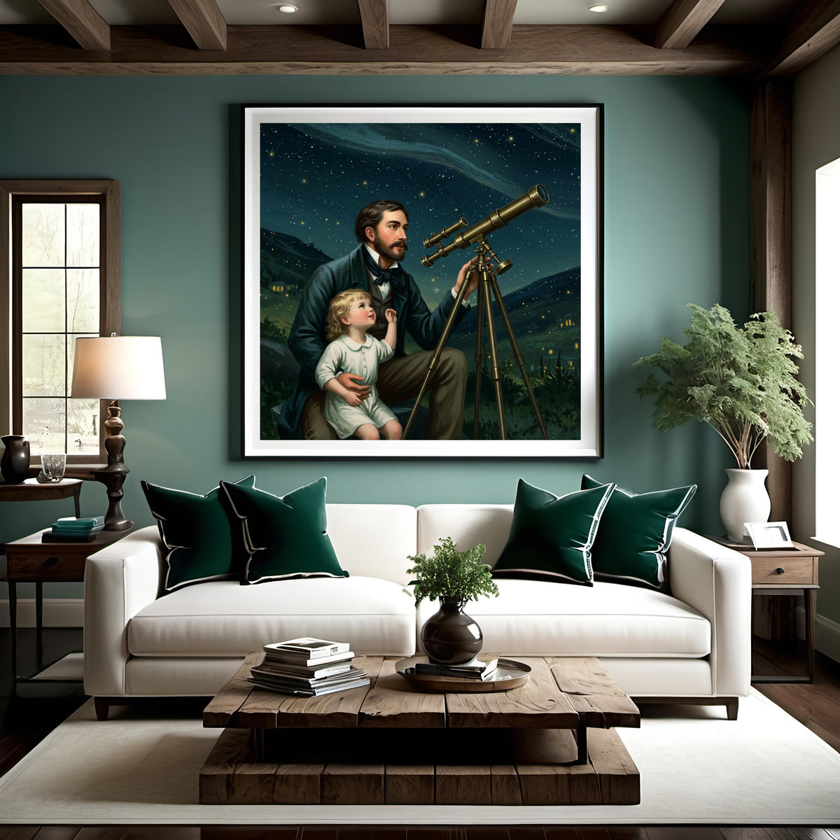 Father & Child Stargazing Oil Painting: Vintage Night Sky Art (Printable Digital Download)