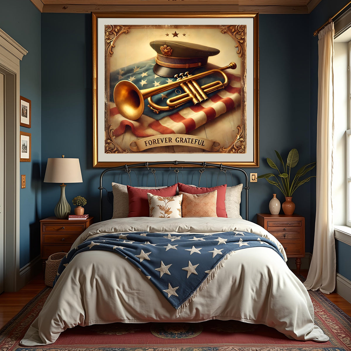 Vintage Memorial Day Sign: Trumpet, Flag, Military Hat (Digital Download, 30x30in Printable Wall Art)