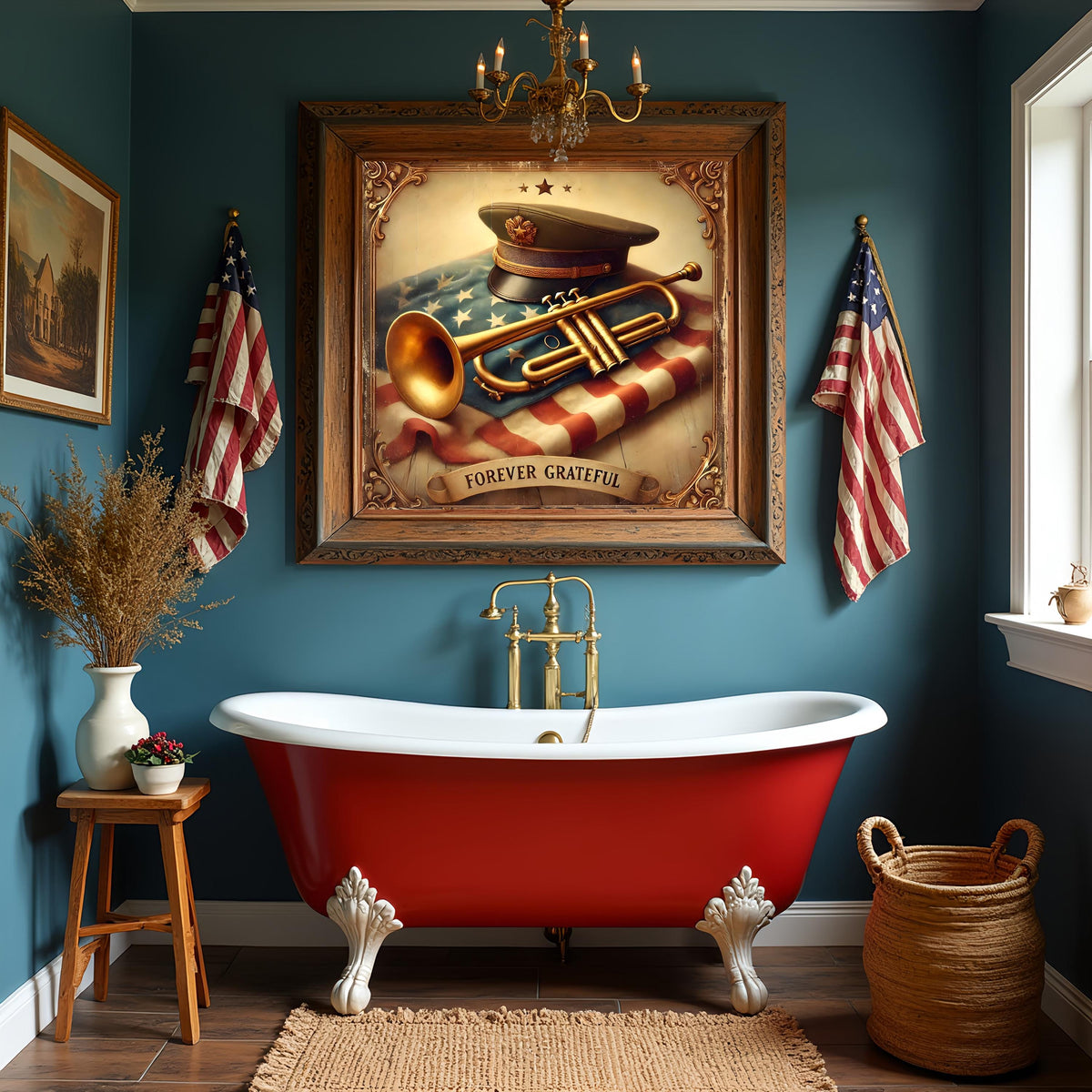 Vintage Memorial Day Sign: Trumpet, Flag, Military Hat (Digital Download, 30x30in Printable Wall Art)