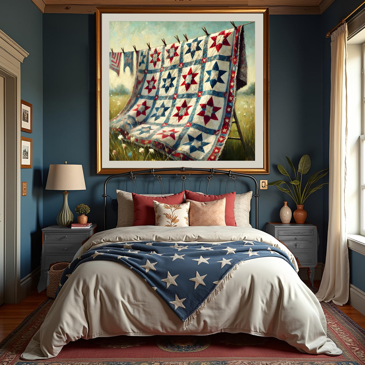 Patriotic Quilt on Clothesline: Americana Decor Print (Digital Download 4096x4096px)