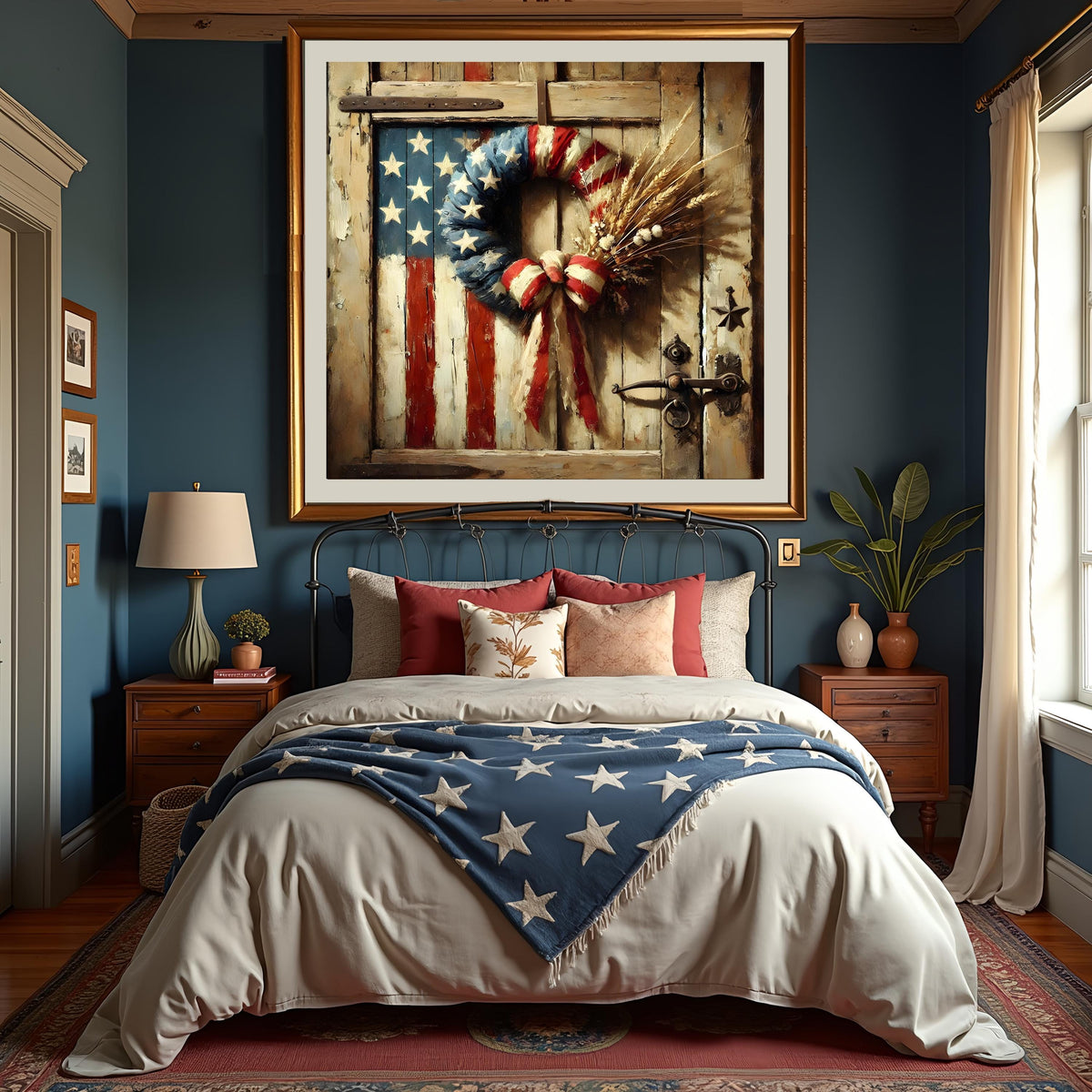 Rustic Americana Wreath Print: Vintage Flag, Farmhouse Wall Art (Digital Download