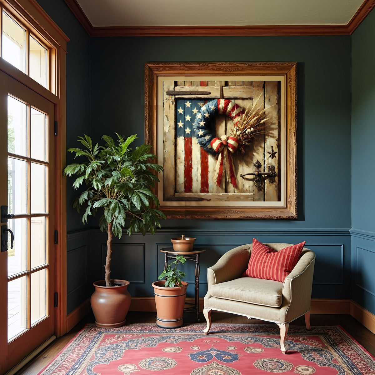 Rustic Americana Wreath Print: Vintage Flag, Farmhouse Wall Art (Digital Download