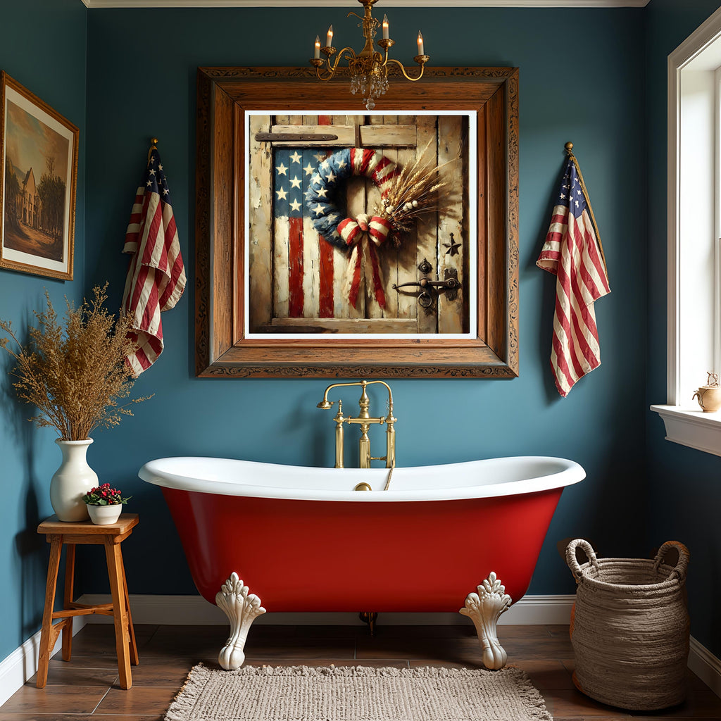 Rustic Americana Wreath Print: Vintage Flag, Farmhouse Wall Art (Digital Download