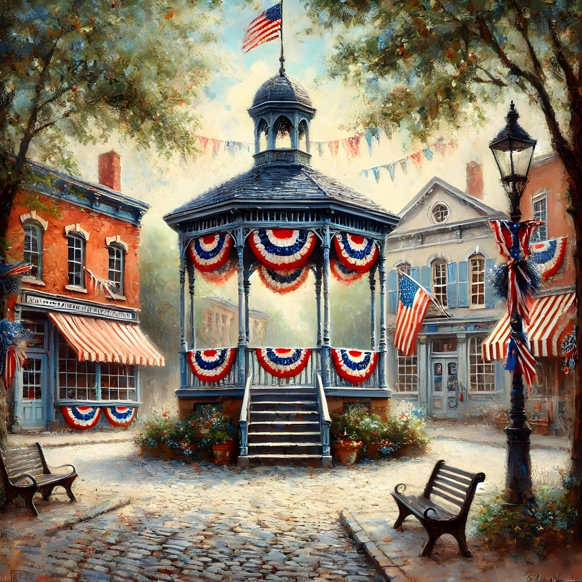 Patriotic Town Square Gazebo Vintage Art Print: Americana Decor (Digital Download)