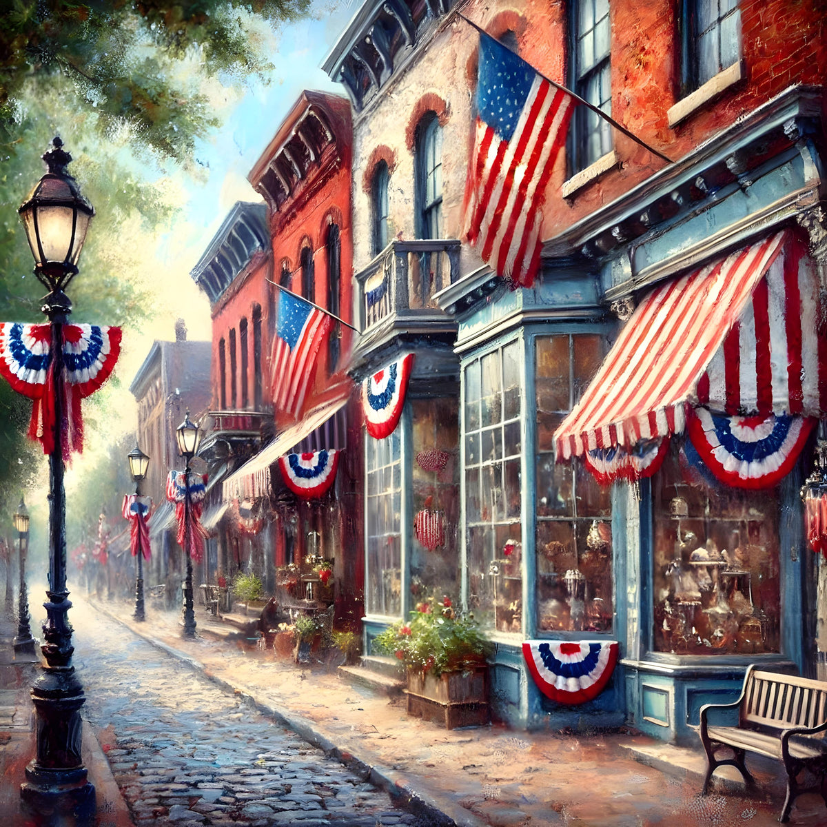 Patriotic Town Street Scene: Vintage Americana Wall Art (Digital Download, 30x30in Max Print Size)