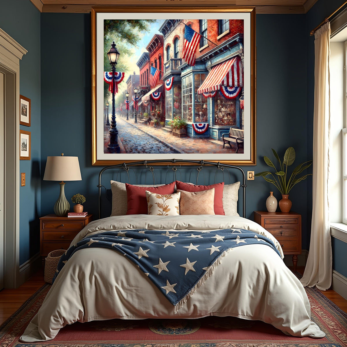 Patriotic Town Street Scene: Vintage Americana Wall Art (Digital Download, 30x30in Max Print Size)