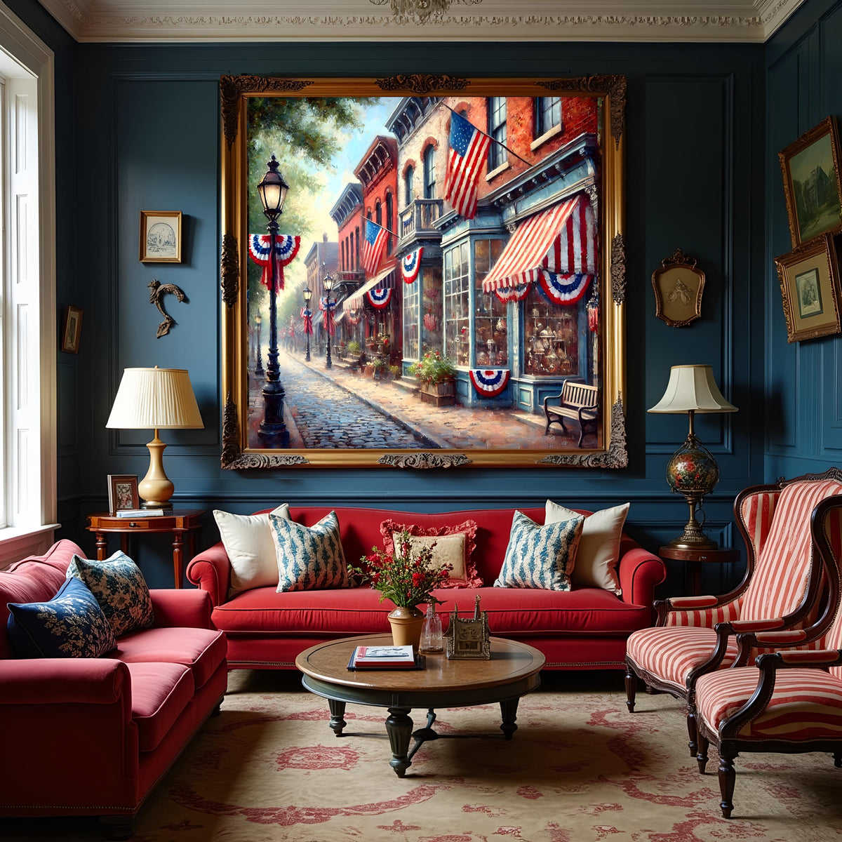 Patriotic Town Street Scene: Vintage Americana Wall Art (Digital Download, 30x30in Max Print Size)