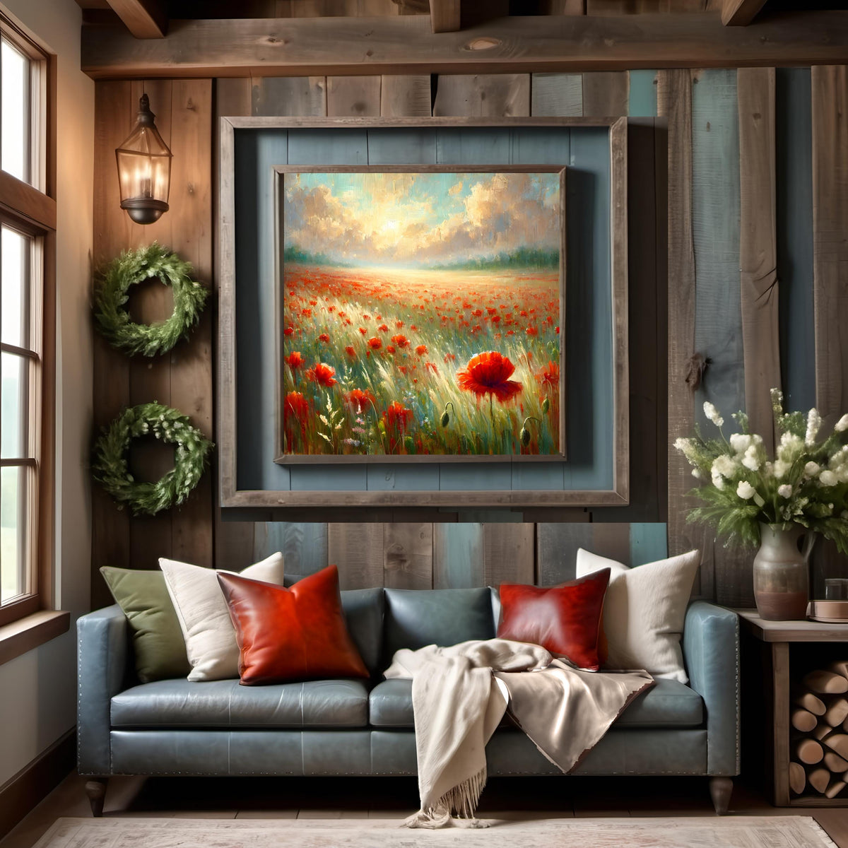 Red Poppy Field Print: Painterly Floral Landscape (Digital Download, 30x30 inches