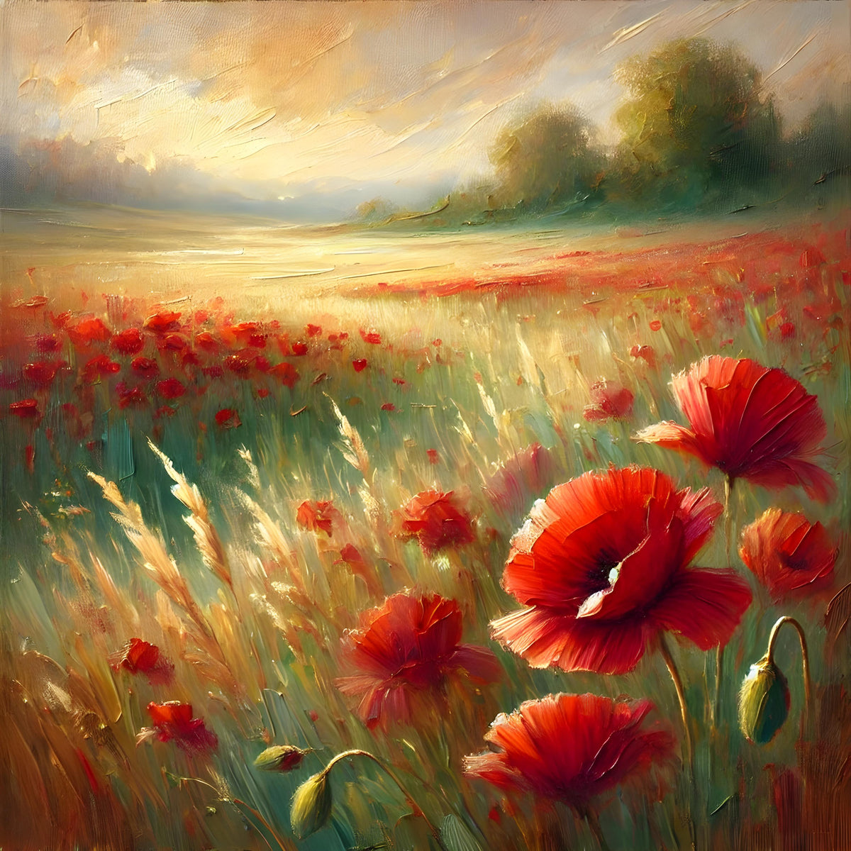Red Poppy Field Print: Painterly Floral Landscape (Digital Download)