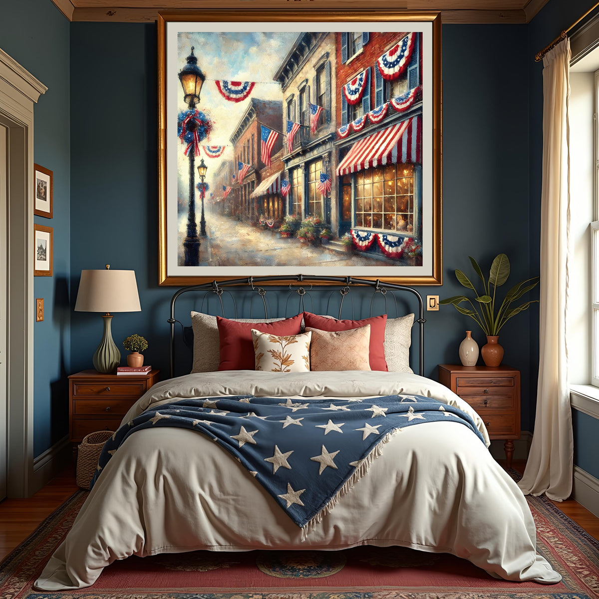 Vintage Americana Town Street Scene: Patriotic Digital Wall Art (4096x4096 pixels)