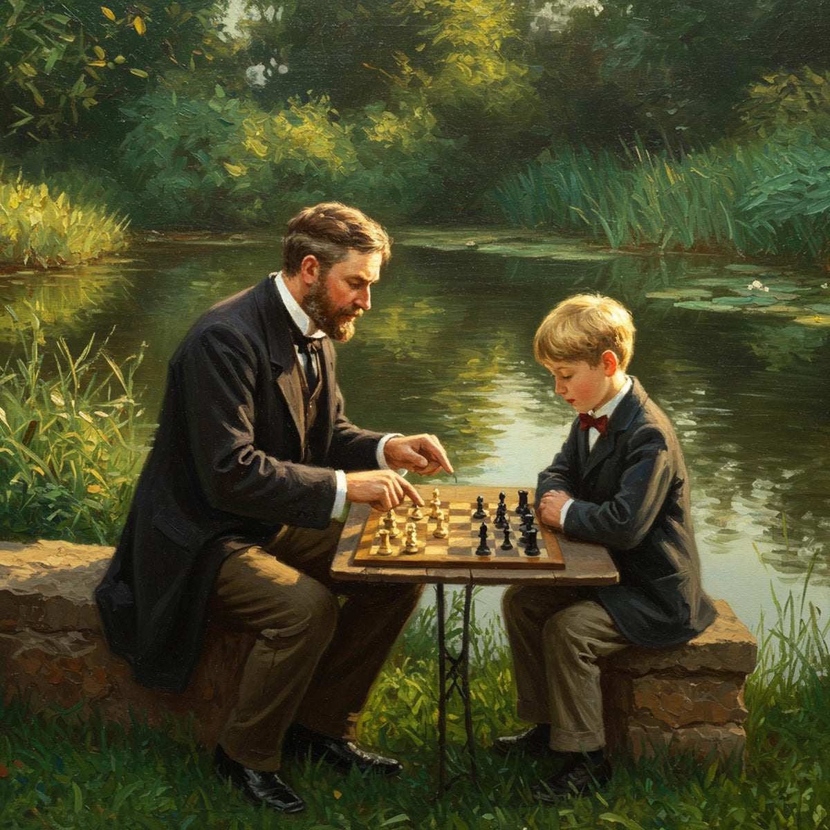 Father and Son Chess Print: Vintage Riverside Scene (Digital Download)