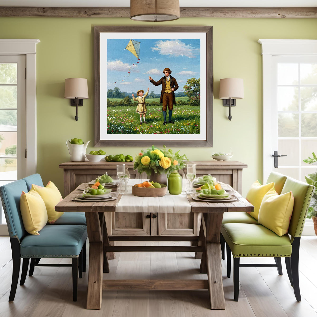 Father and Daughter Kite Print: Vintage Spring Meadow Scene (Digital Download)