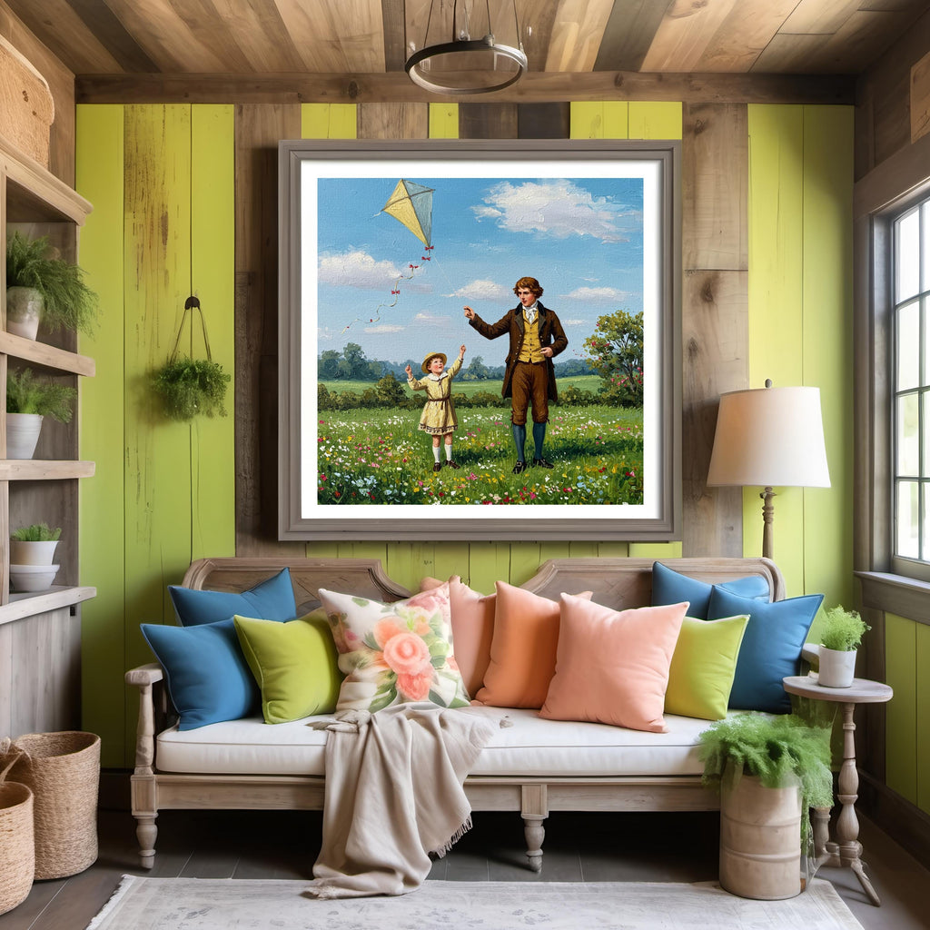 Father and Daughter Kite Print: Vintage Spring Meadow Scene (Digital Download)