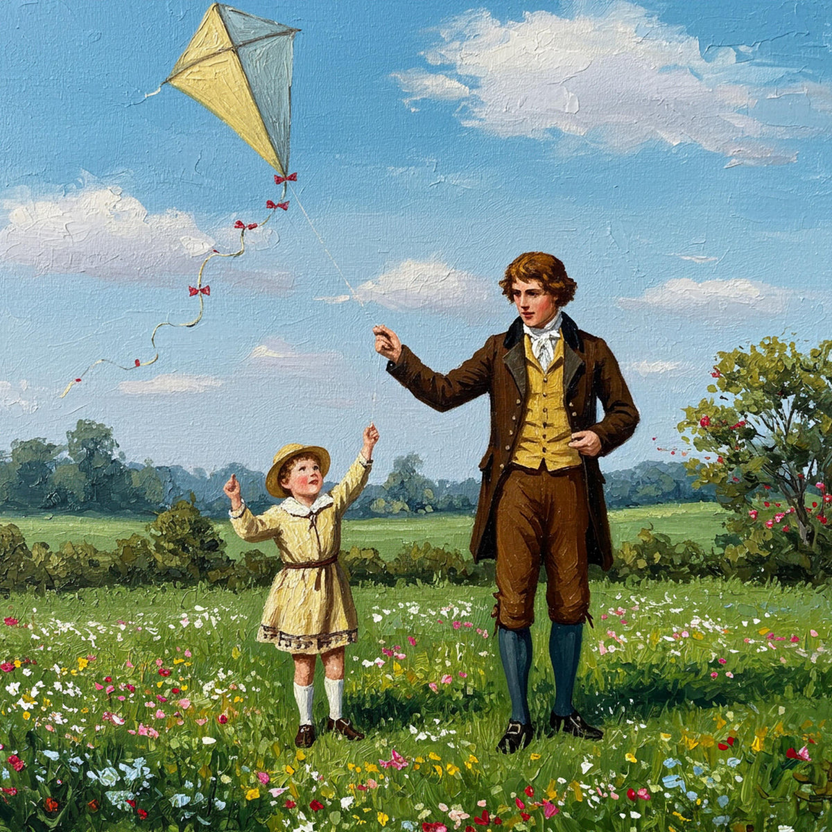 Father and Daughter Kite Print: Vintage Spring Meadow Scene (Digital Download)
