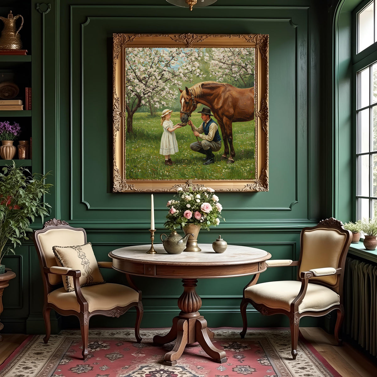 Vintage Father Daughter Horse Painting: Rustic Countryside Wall Art (Digital Download)