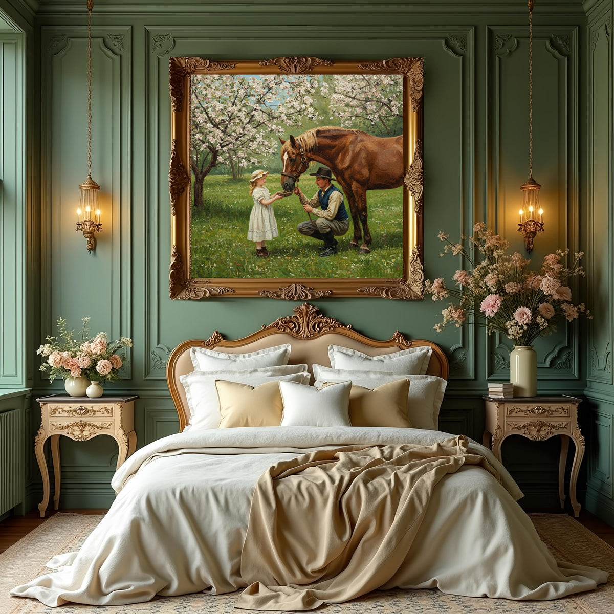 Vintage Father Daughter Horse Painting: Rustic Countryside Wall Art (Digital Download)
