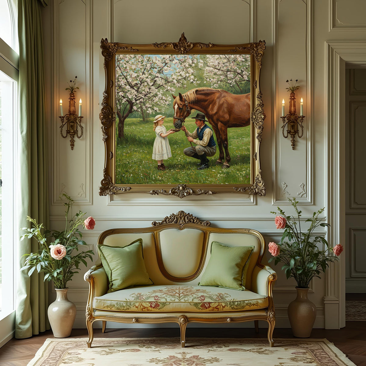 Vintage Father Daughter Horse Painting: Rustic Countryside Wall Art (Digital Download)