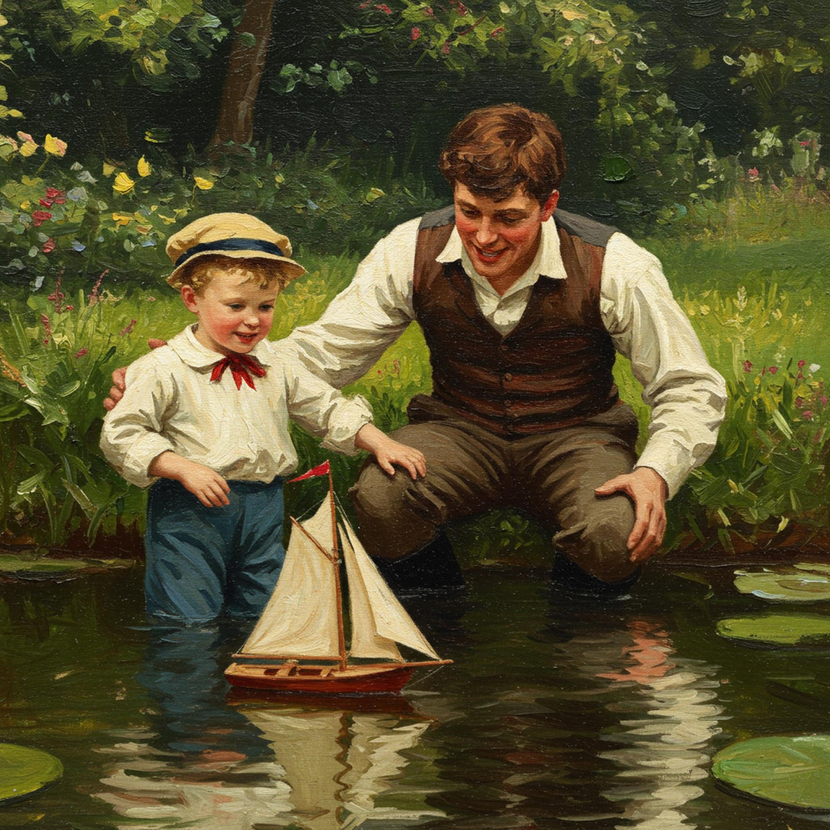 Father & Son Sailboat Pond Painting: Nostalgic Vintage Art (Digital Download)