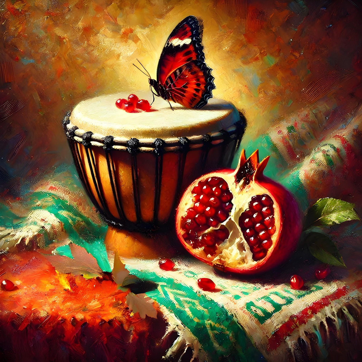 Juneteenth Art Print: African Drum, Pomegranate, Butterfly (Digital Download 4096X4096px)