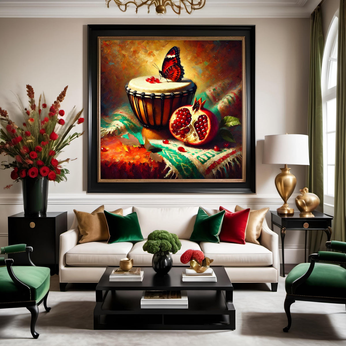Juneteenth Art Print: African Drum, Pomegranate, Butterfly (Digital Download 4096X4096px)