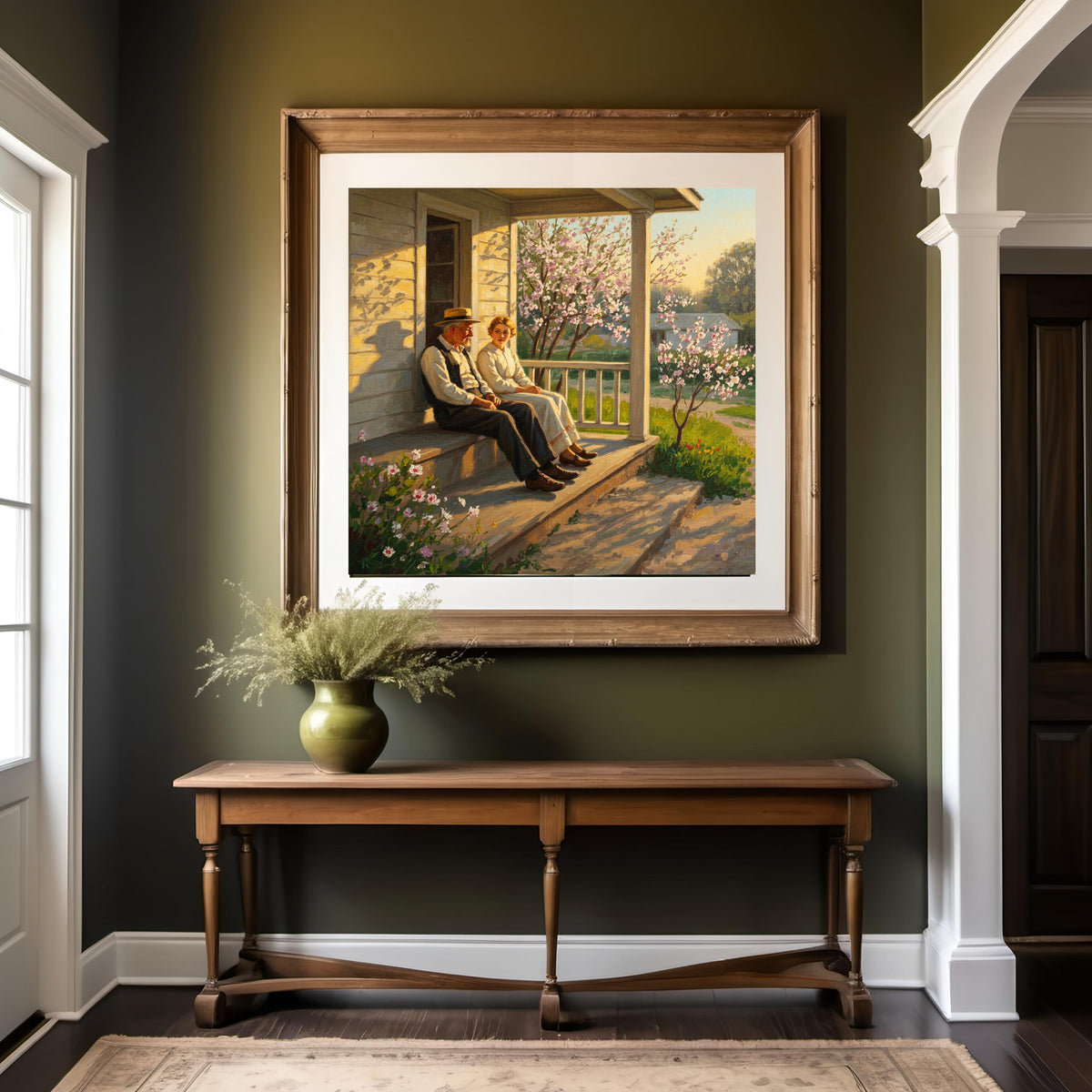 Father & Daughter Porch Print: Golden Hour Spring Blossom Art (Digital Download