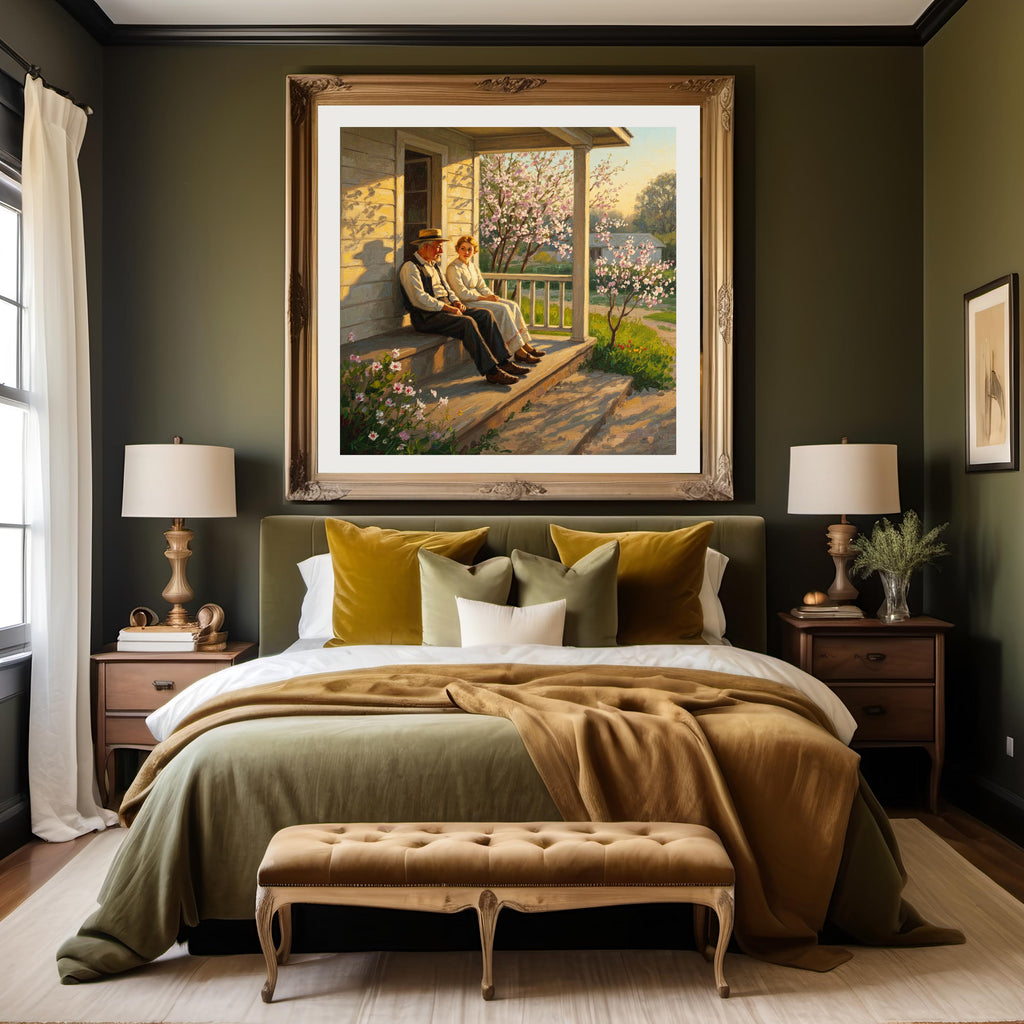 Father & Daughter Porch Print: Golden Hour Spring Blossom Art (Digital Download