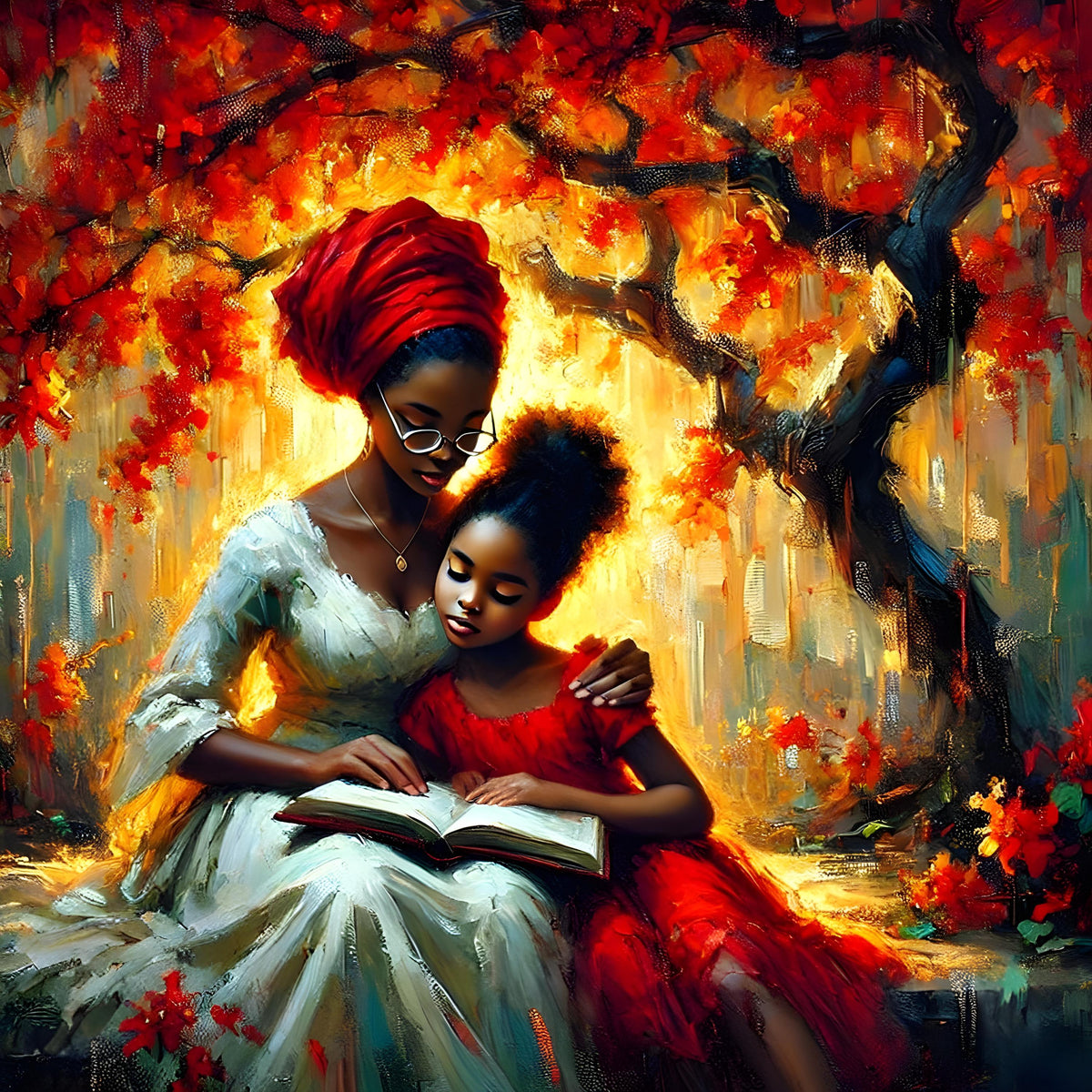Black Mother and Daughter Reading Art Print: Autumn Tree, Heritage Love (Digital Download)