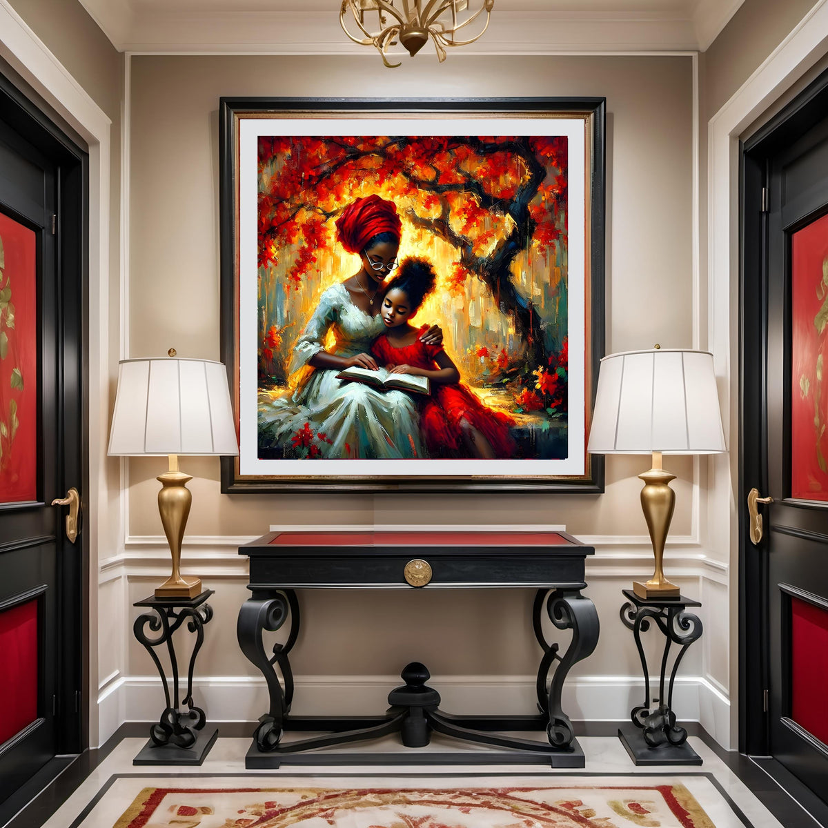 Black Mother and Daughter Reading Art Print: Autumn Tree, Heritage Love (Digital Download)