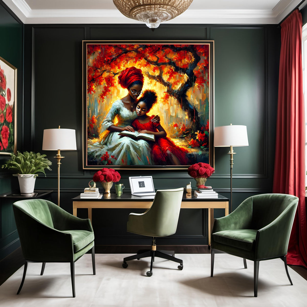 Black Mother and Daughter Reading Art Print: Autumn Tree, Heritage Love (Digital Download)