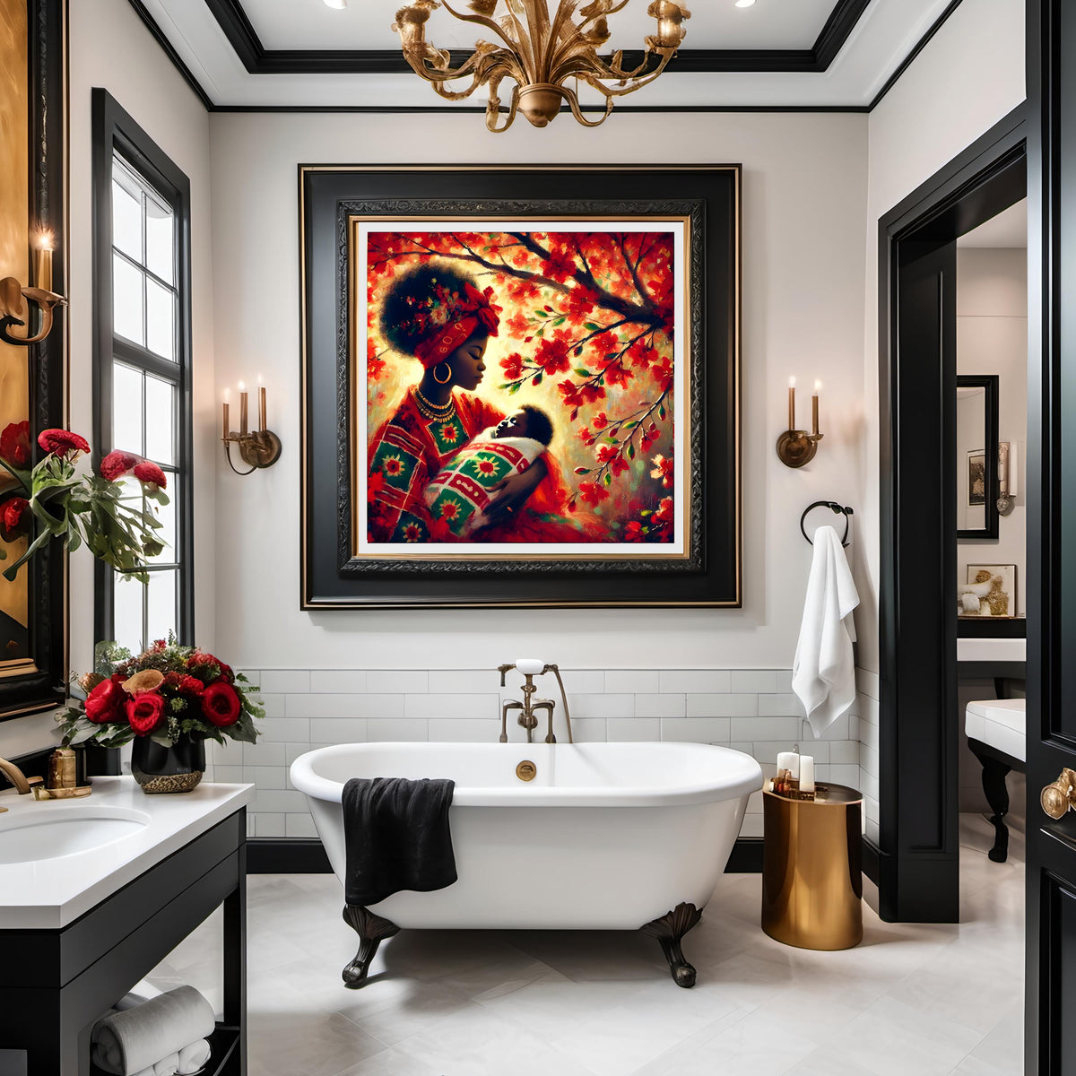 Mother and Child Art Print: African Heritage, Red Flowering Tree (Digital Download)