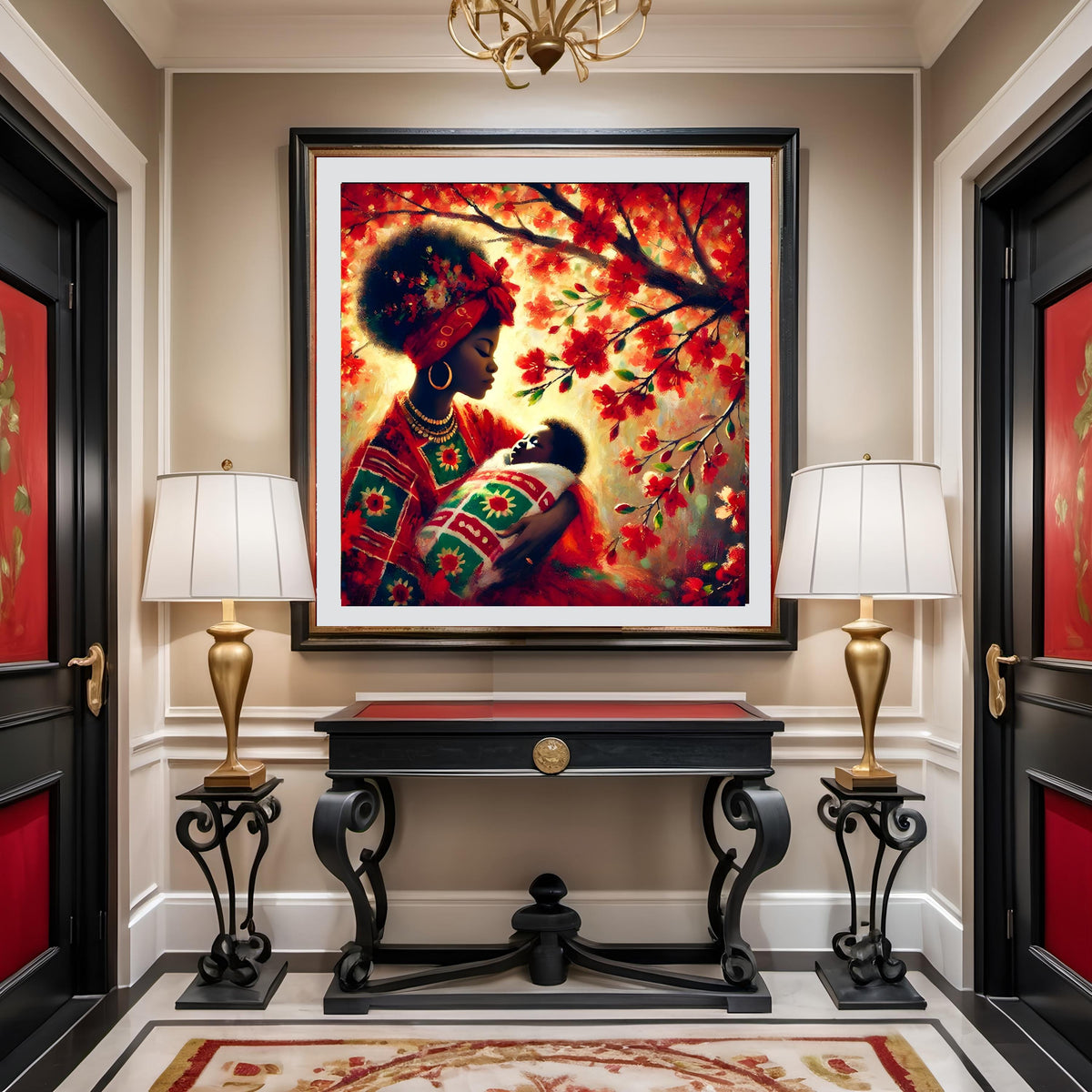 Mother and Child Art Print: African Heritage, Red Flowering Tree (Digital Download)